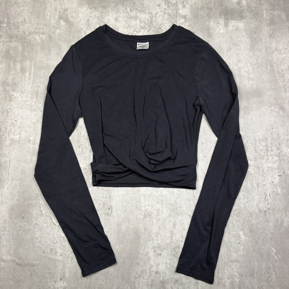 Athleta With Ease Twist Top Black Long Sleeve Cropped Shirt Womens XXS 415293